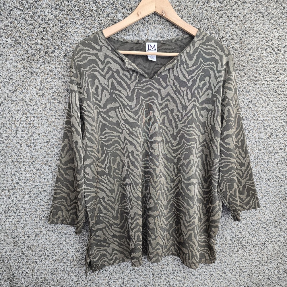 JM Collection‎ Top Womens Plus 2X Taupe Animal Print V Neck Tunic Blouse Ladies